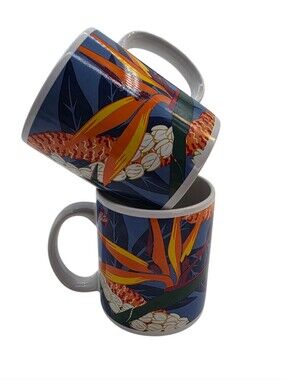 2 VTG Hilo Hattie Hawaiian Orange Hibiscus Flower 12oz Ceramic Mug 1990s Hawaii